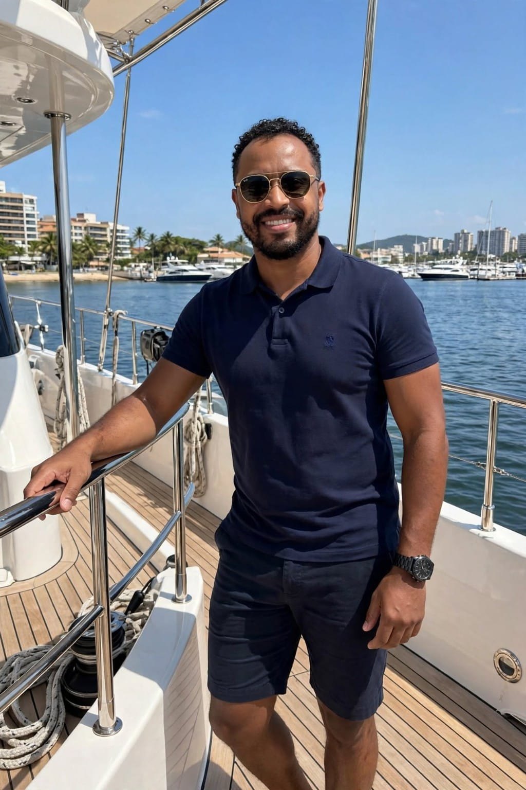 Varnei Felix, fundador da Lanchas Riviera Tour, de camisa polo azul-marinho no convés de uma lancha